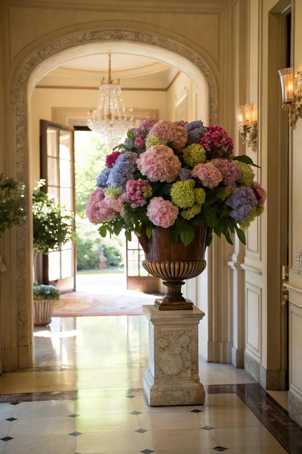 A grand hydrangea arrangement that warmly welcomes guests.