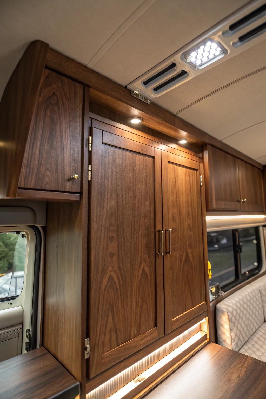 Elevate your camper van's style with handcrafted overhead cabinets that blend functionality and elegance.