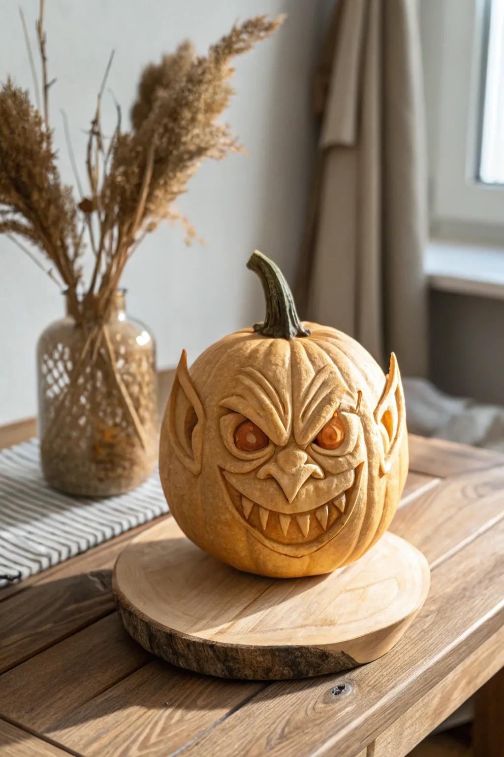 Add a touch of playful mischief to your decor with a mischievous goblin pumpkin carving!