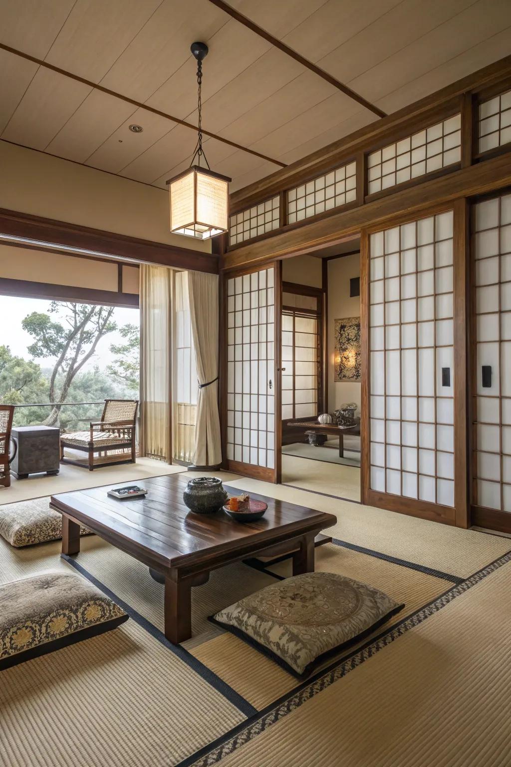 Sliding panels enhance functionality and style in this Japanese living room.
