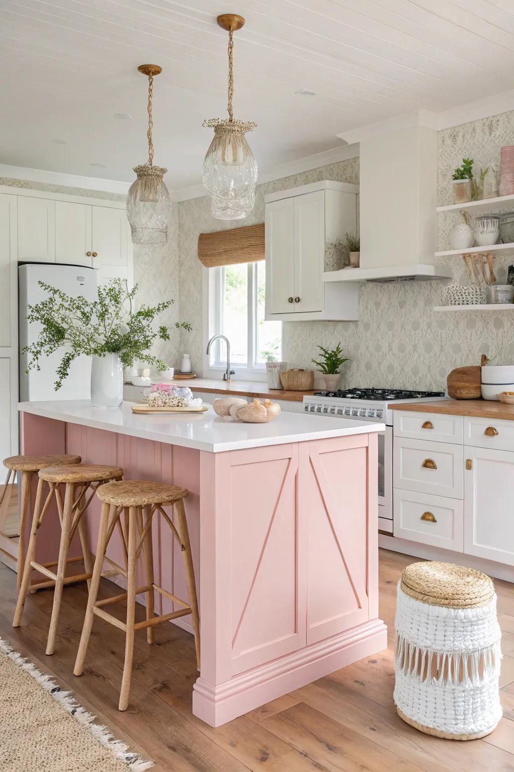 A blush pink kitchen island adds a gentle and whimsical touch to the kitchen decor.