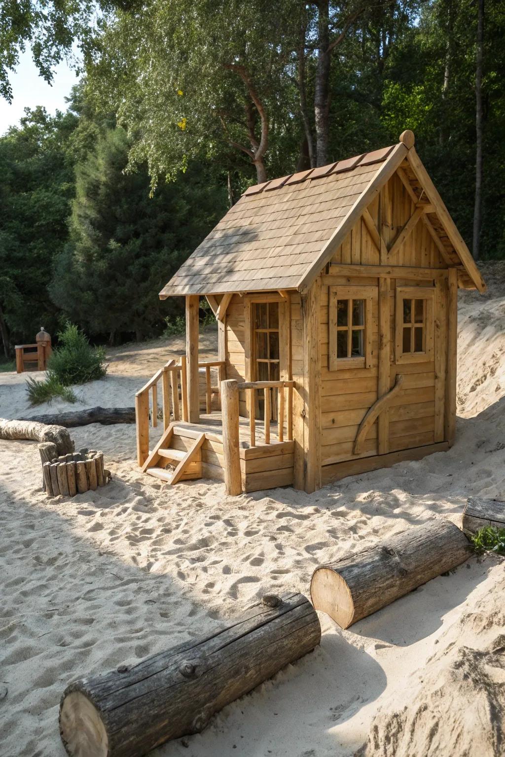 Discover the harmony of play and nature with this handcrafted wooden playhouse.