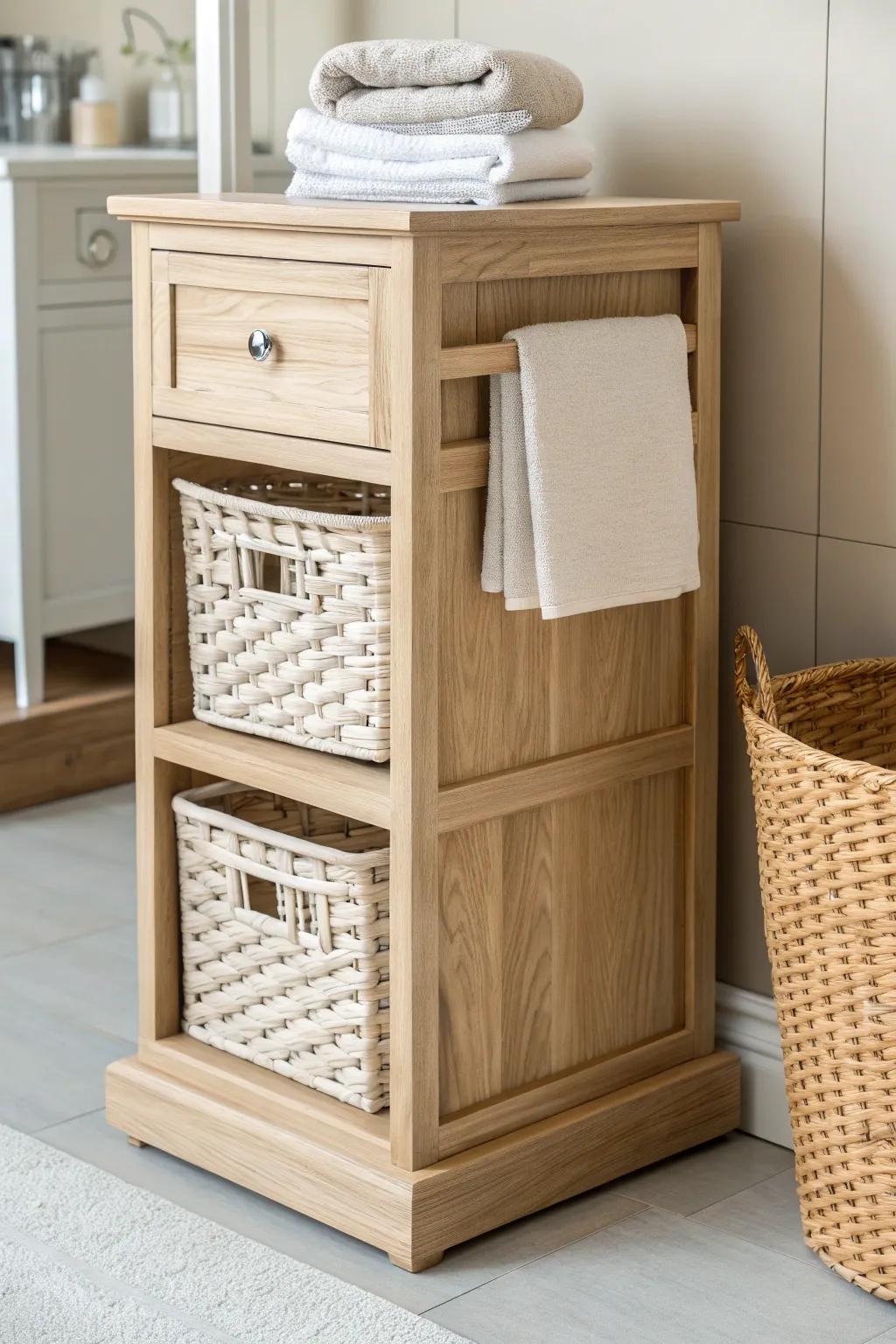 Elevate your laundry space with a chic, hidden compartment solution that blends Scandinavian minimalism with boho charm.