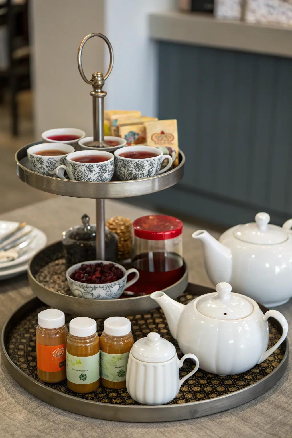 An elegant tea setup with a lazy susan, perfect for a refined tea time.