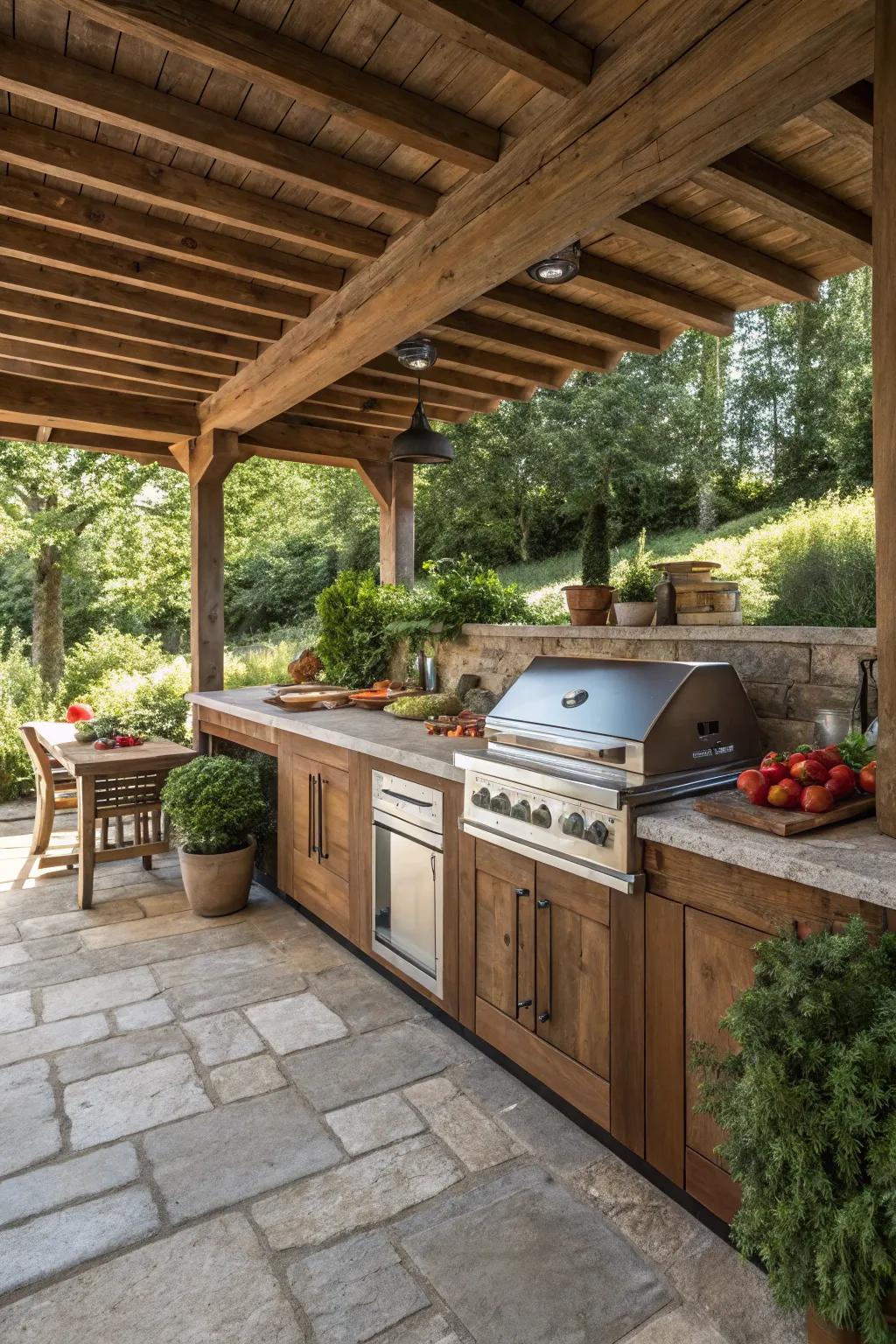 Elevate your summer gatherings with a stunning open-air kitchen under a stylish lean-to roof.