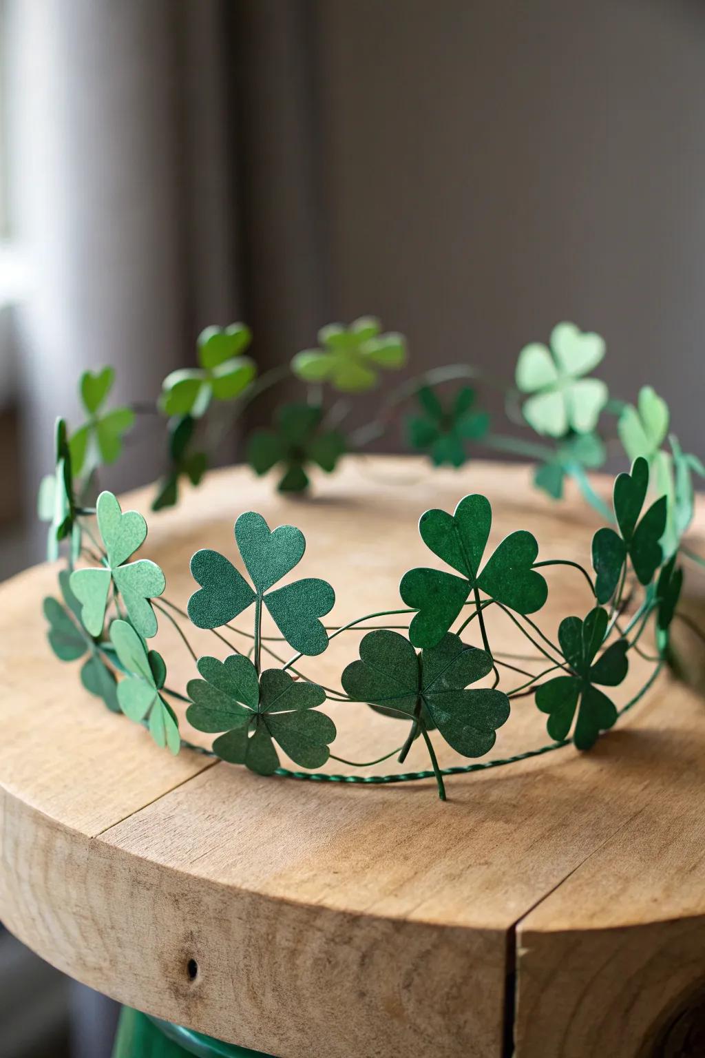 Embrace whimsy with this enchanting clover crown, a perfect blend of simplicity and festive charm.
