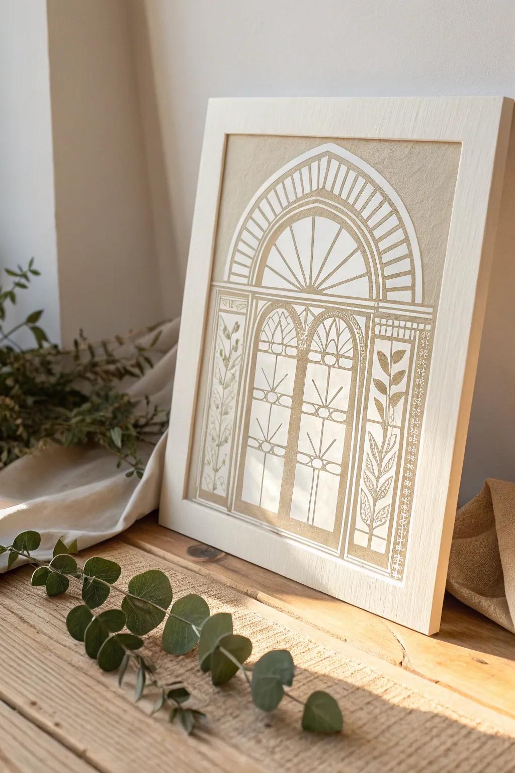 Discover the elegance of architectural elements with this stunning linocut design, where simplicity meets grandeur.