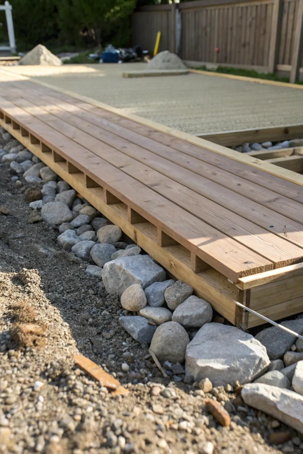 Craft meets practicality: Building a sturdy floating deck on a gravel foundation.