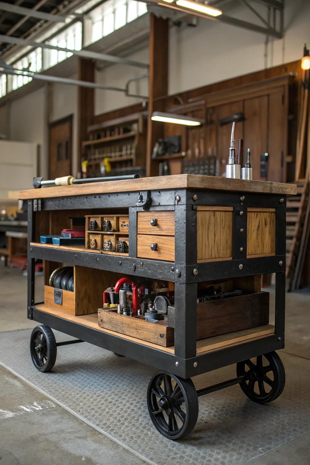 Elevate your workshop with a stylish rolling cart - the perfect blend of mobility and craftsmanship.
