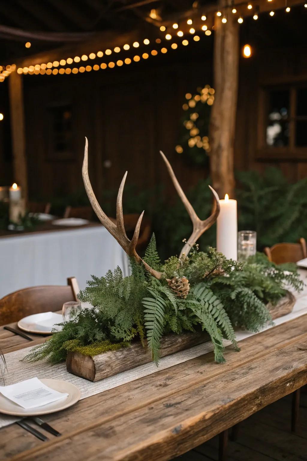 Antlers and ferns create a rugged and stylish centerpiece.