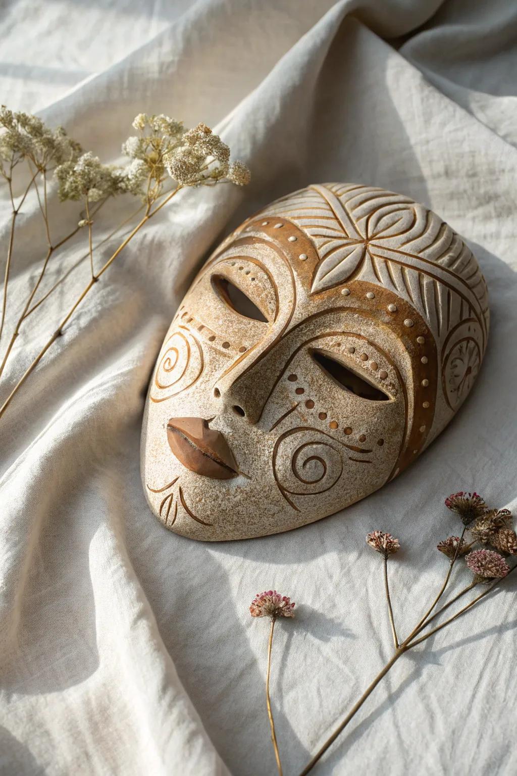 Embrace the art of simplicity with this handcrafted ceramic mask – where Scandinavian minimalism meets Boho allure.