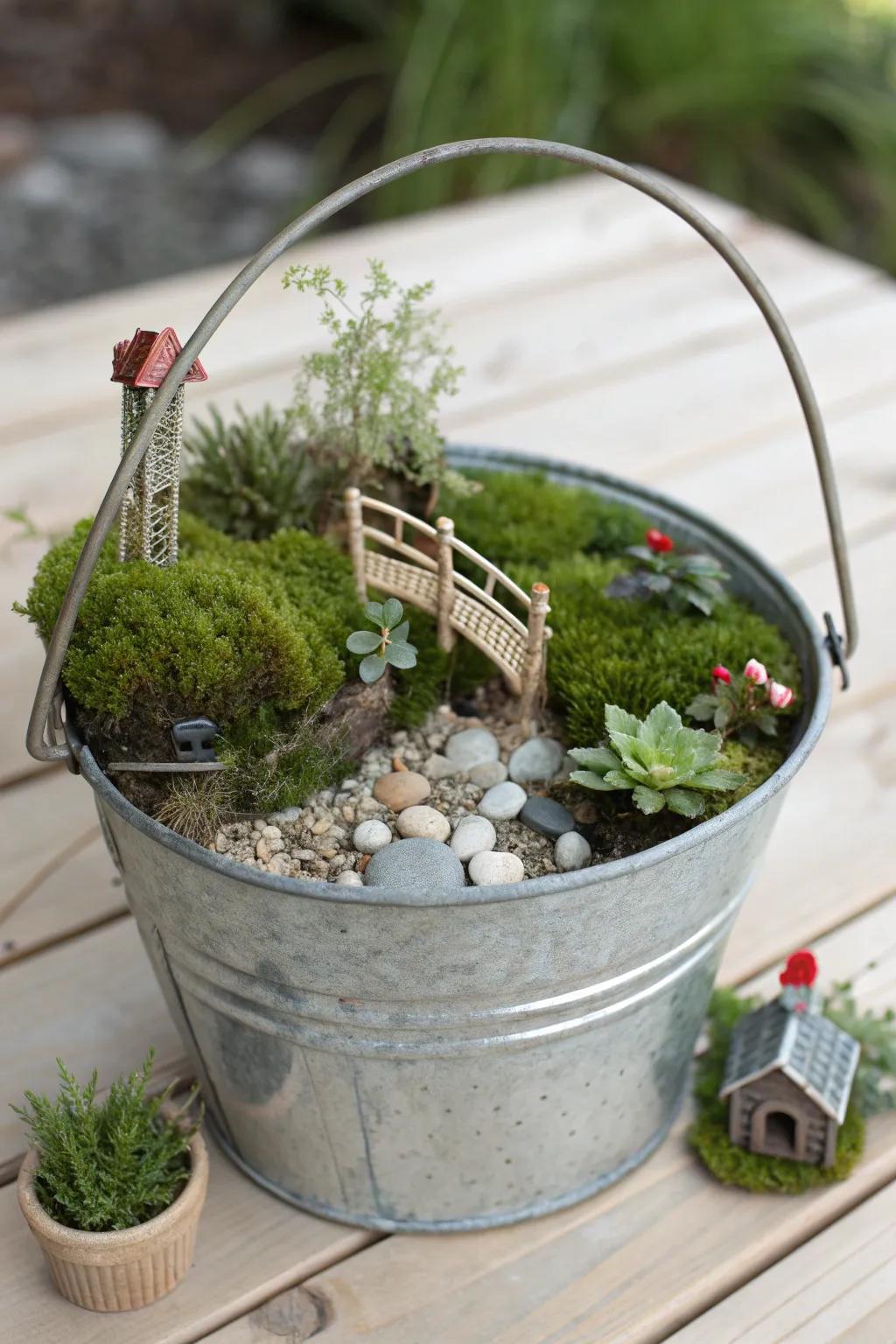 Discover the magic of simplicity with this enchanting fairy garden in a bucket, where minimalism meets whimsy.