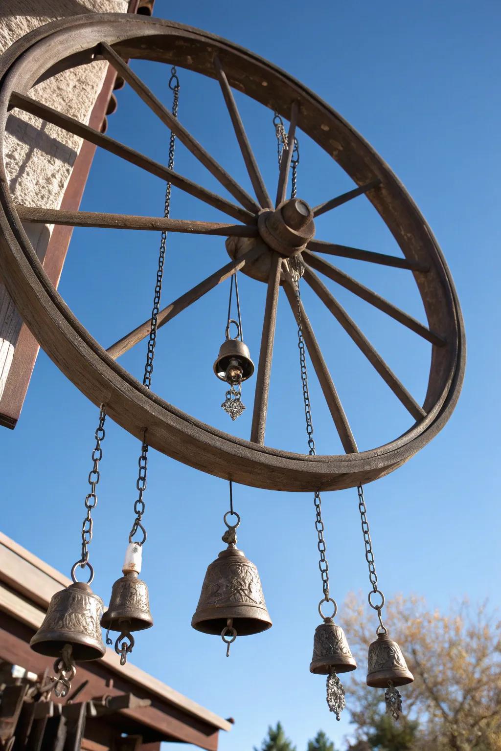 Elevate your porch with a handcrafted wagon wheel wind chime for a harmonious blend of sound and style.