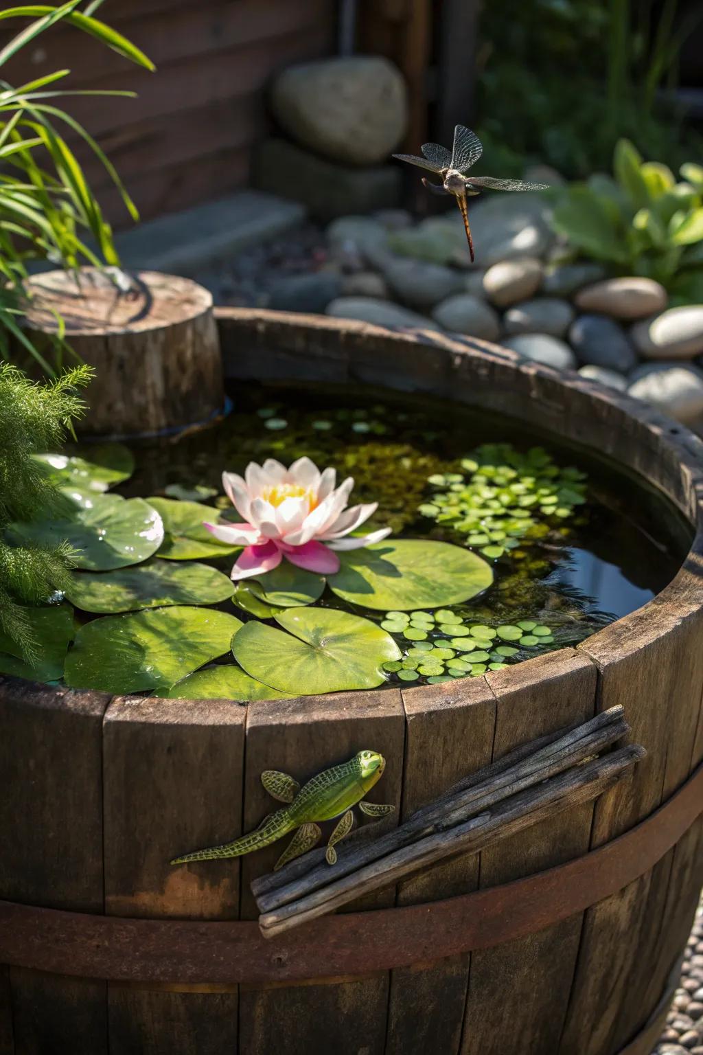 Transform your backyard into a wildlife haven with this stunning mini pond, where nature comes alive.