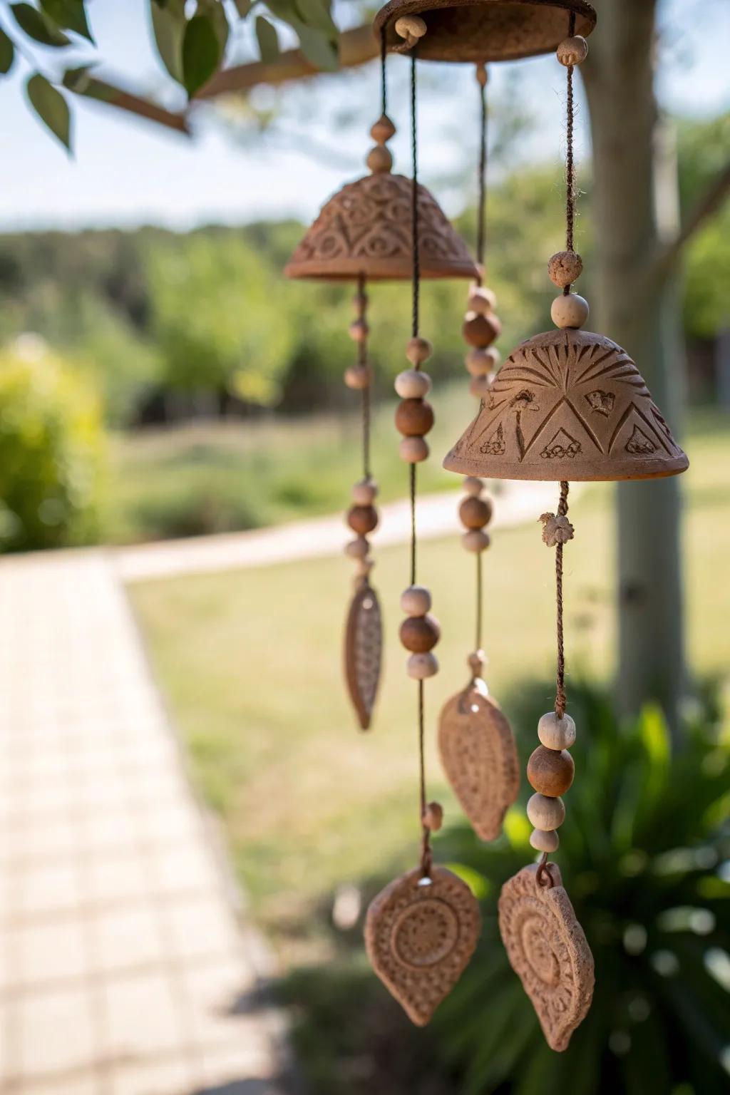 Embrace serenity with whimsical clay wind chimes that dance in the breeze.