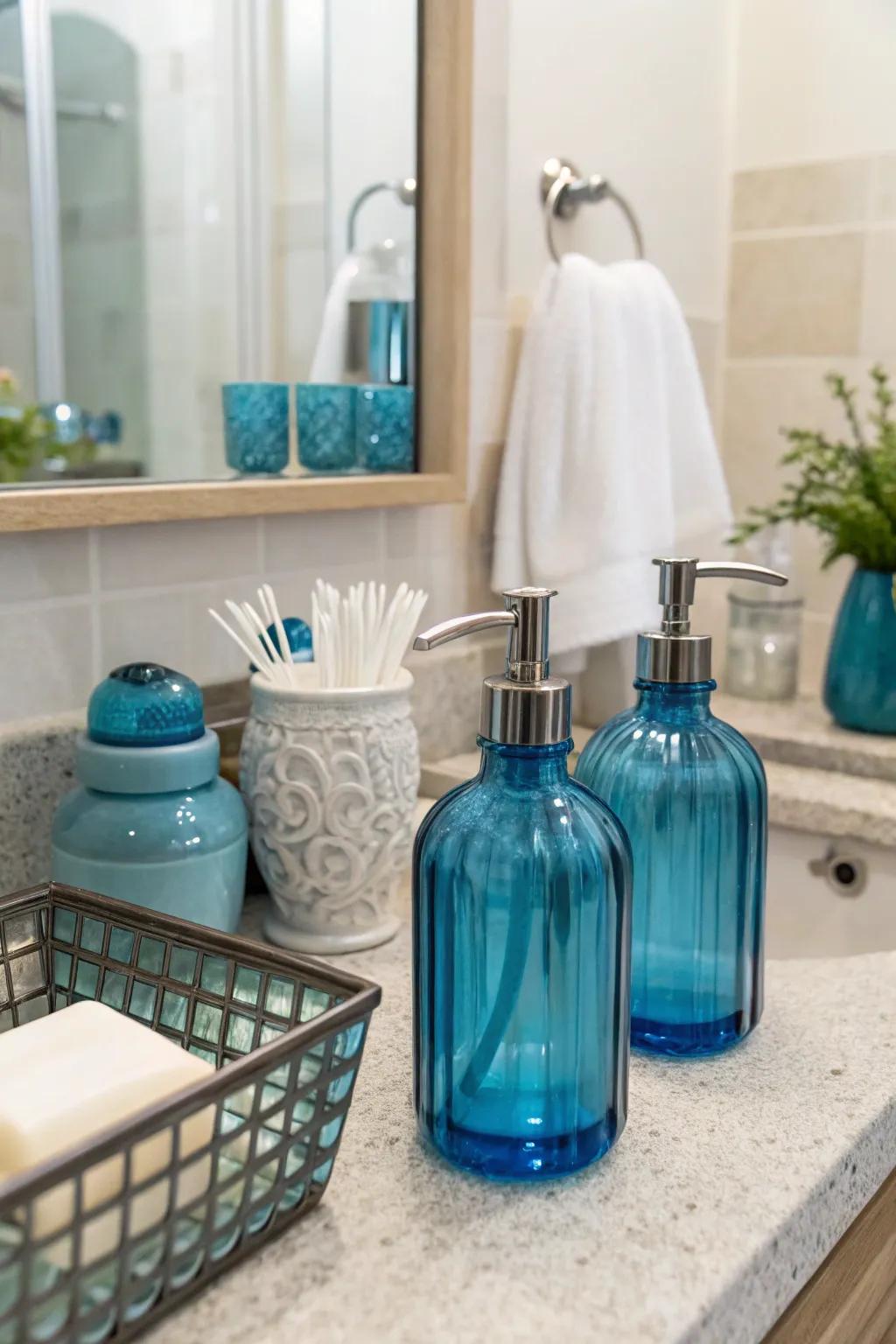 Blue glass accents reflect light beautifully, adding elegance to this bathroom.