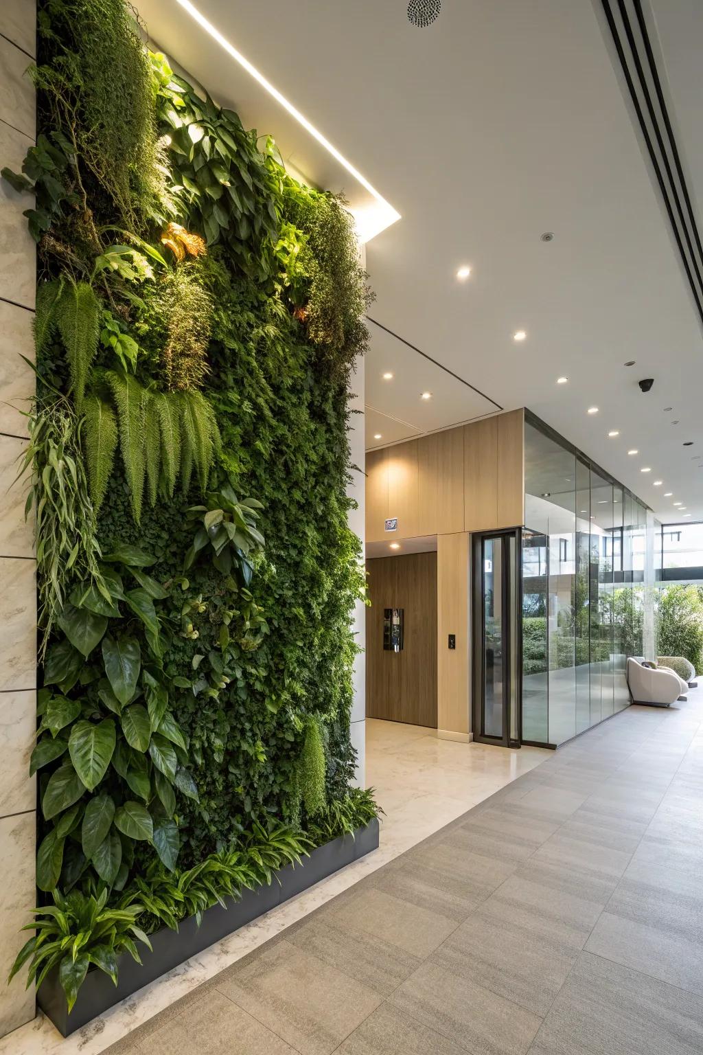 A green wall brings a refreshing touch of nature to this modern foyer.