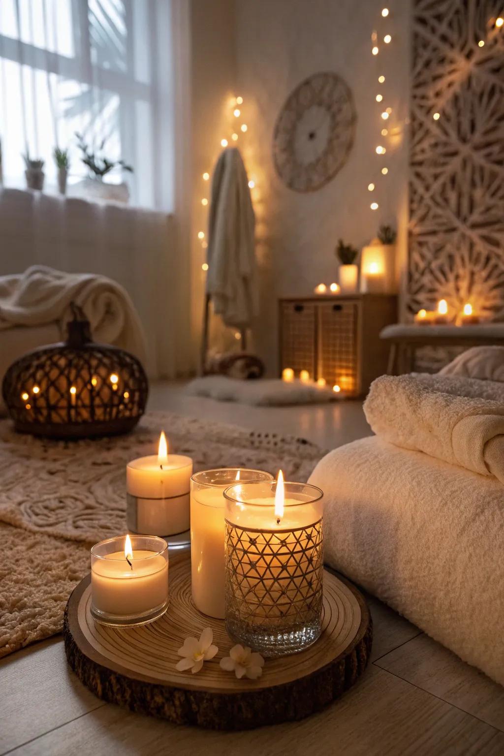 Scented candles add a soothing ambiance to the room.