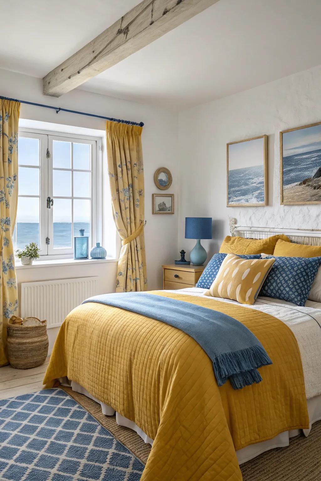 A coastal-inspired bedroom with the calming presence of mustard and blue.
