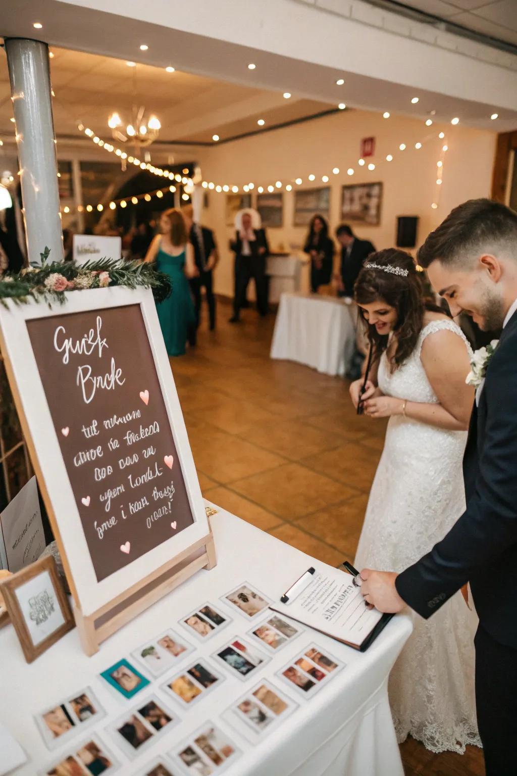 Interactive guest books with Polaroid stations create cherished keepsakes.