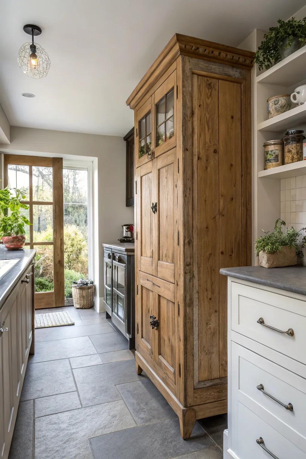 Repurposed vintage furniture adding character and storage to a narrow kitchen.