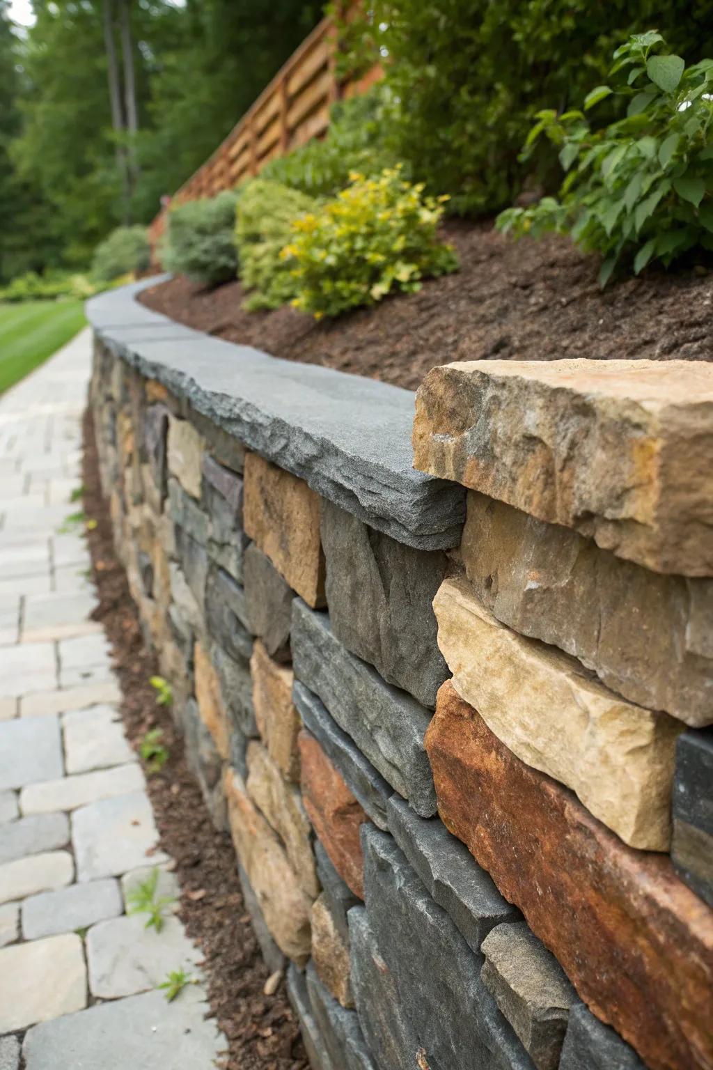 Craftsmanship in contrast: A stunning blend of natural stone hues for your garden's retaining wall.