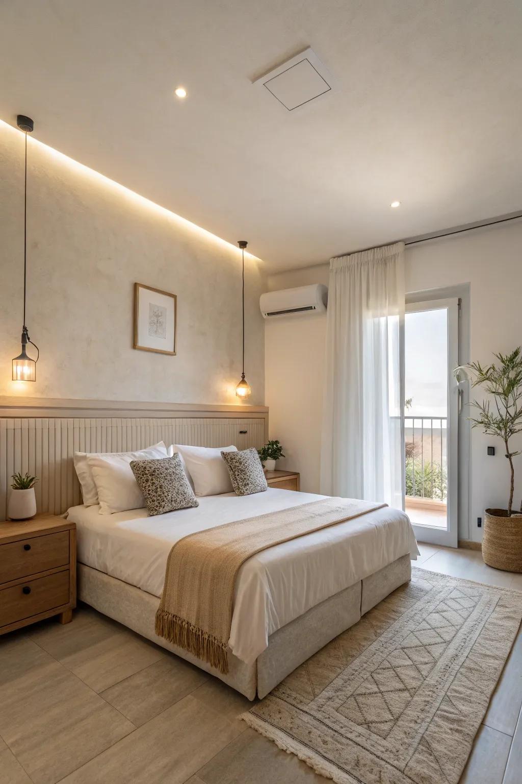 Minimalist decor creates a peaceful and uncluttered bedroom retreat.