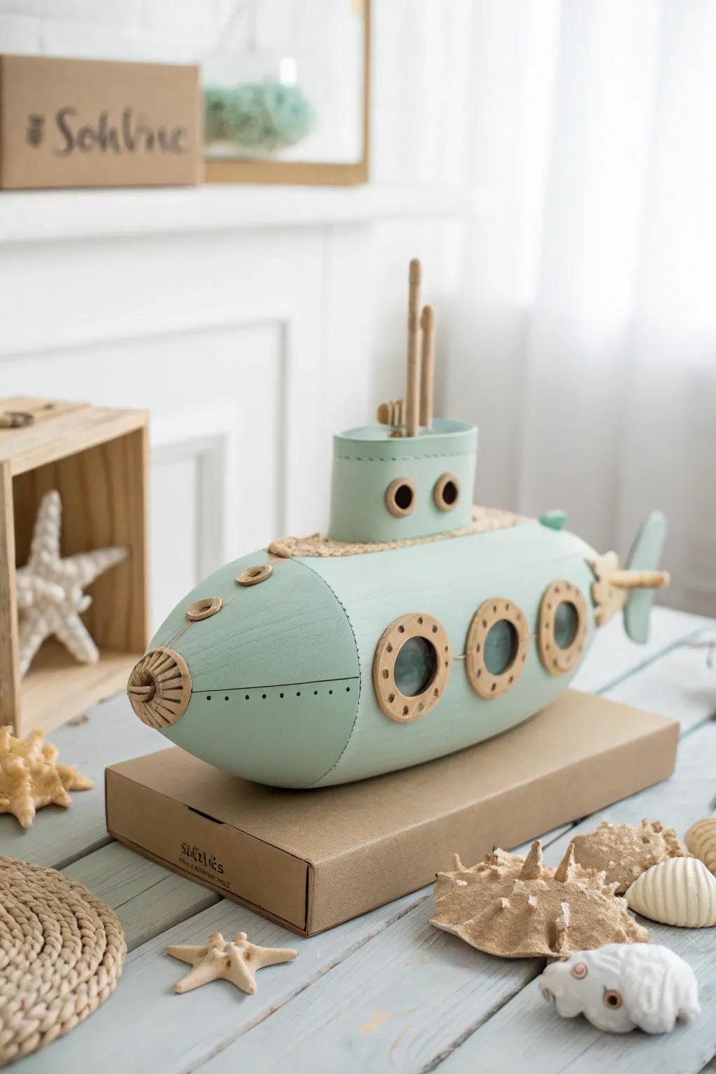 Dive into creativity: Transform a simple box into a charming submarine for an imaginative underwater adventure.