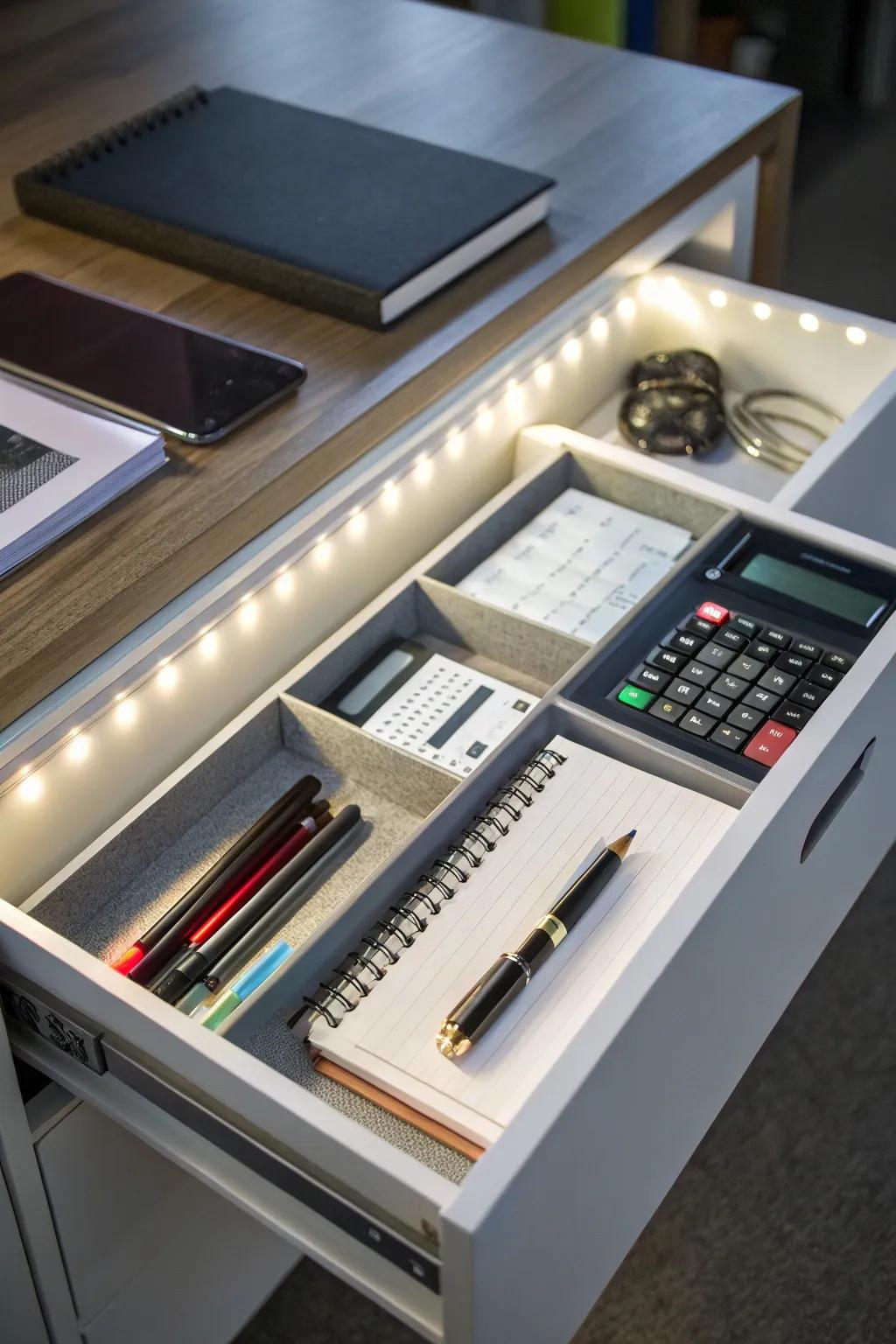 LED lighting adds visibility and style to your drawers.
