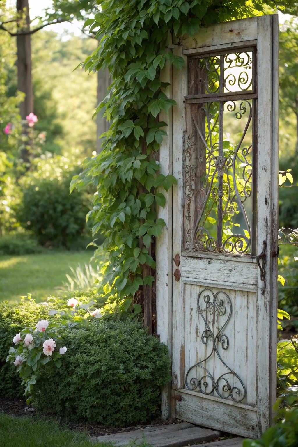 Transform your garden into a serene retreat with a vintage screen door privacy screen.