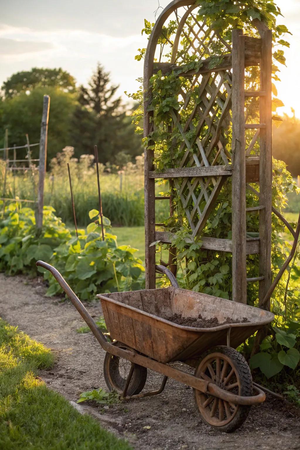 Elevate your garden game with a charming trellis tower wheelbarrow.