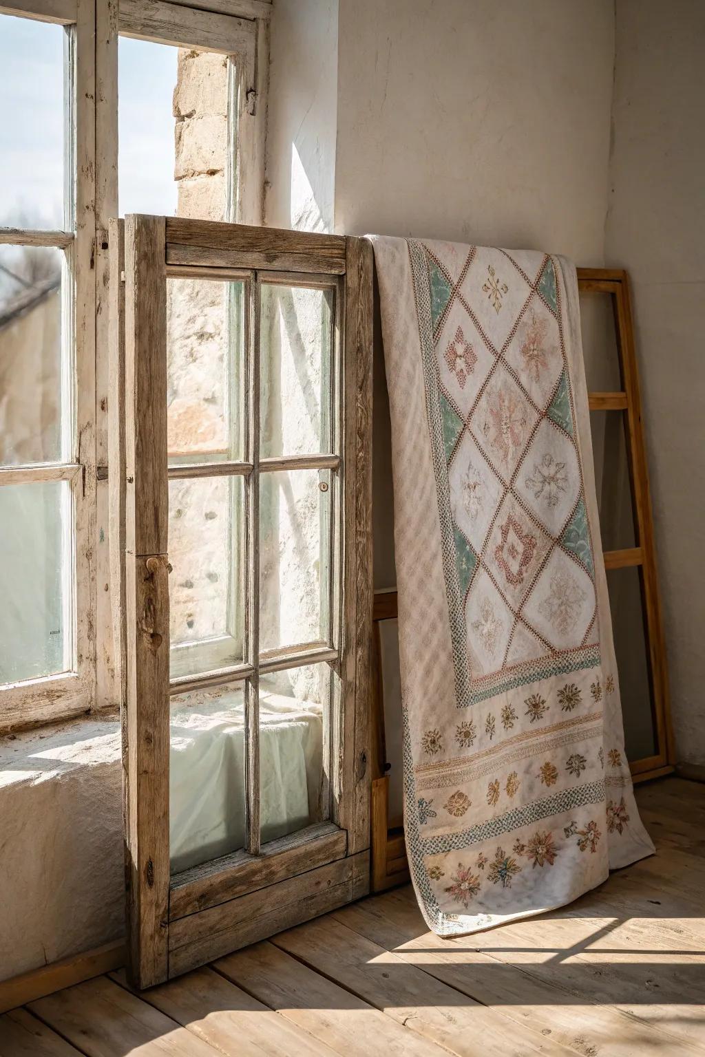 Preserve memories with vintage charm: A quilted heirloom behind an old window frame.