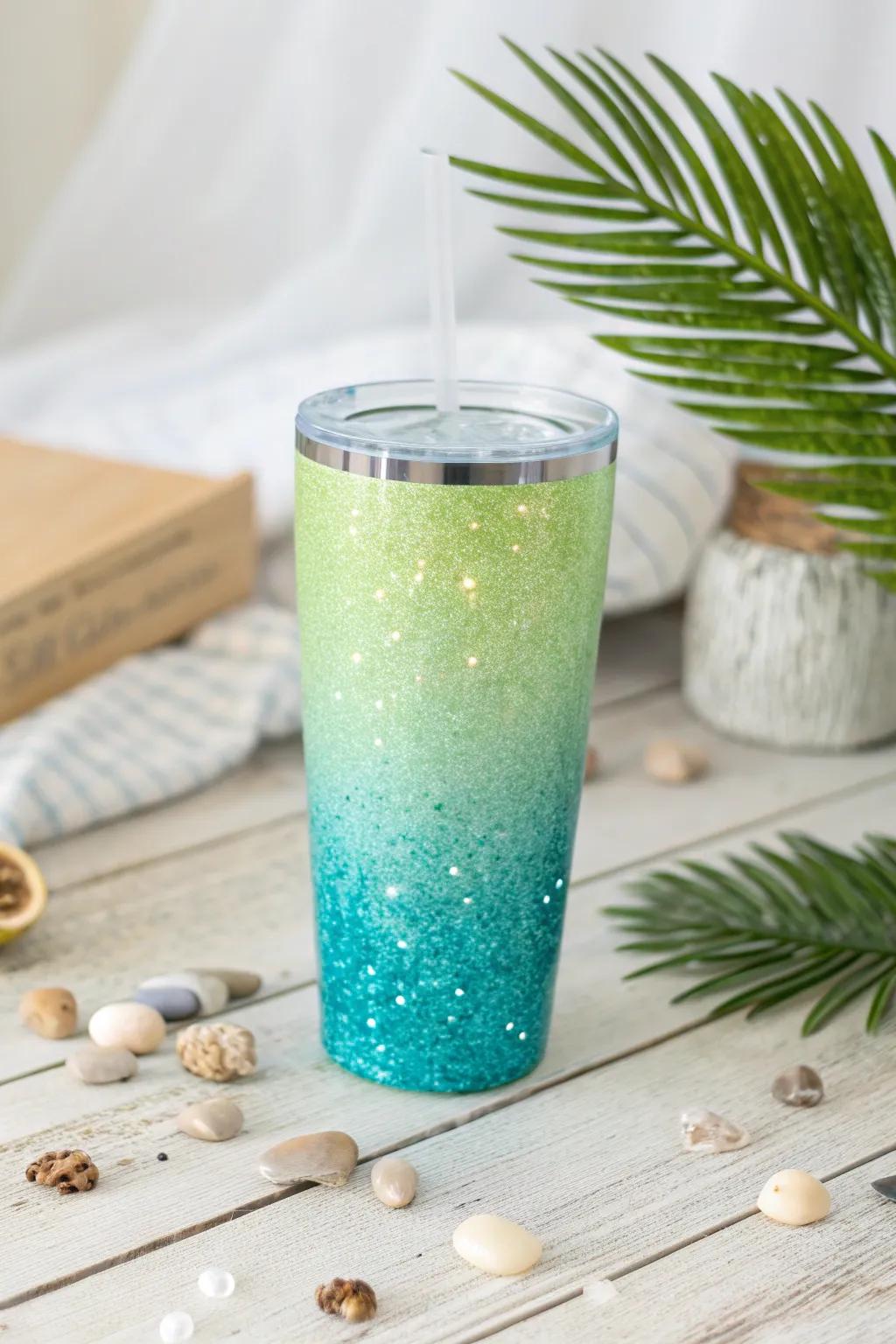 Sip into a Tropical Paradise with this enchanting ombre glitter tumbler. 🌴✨