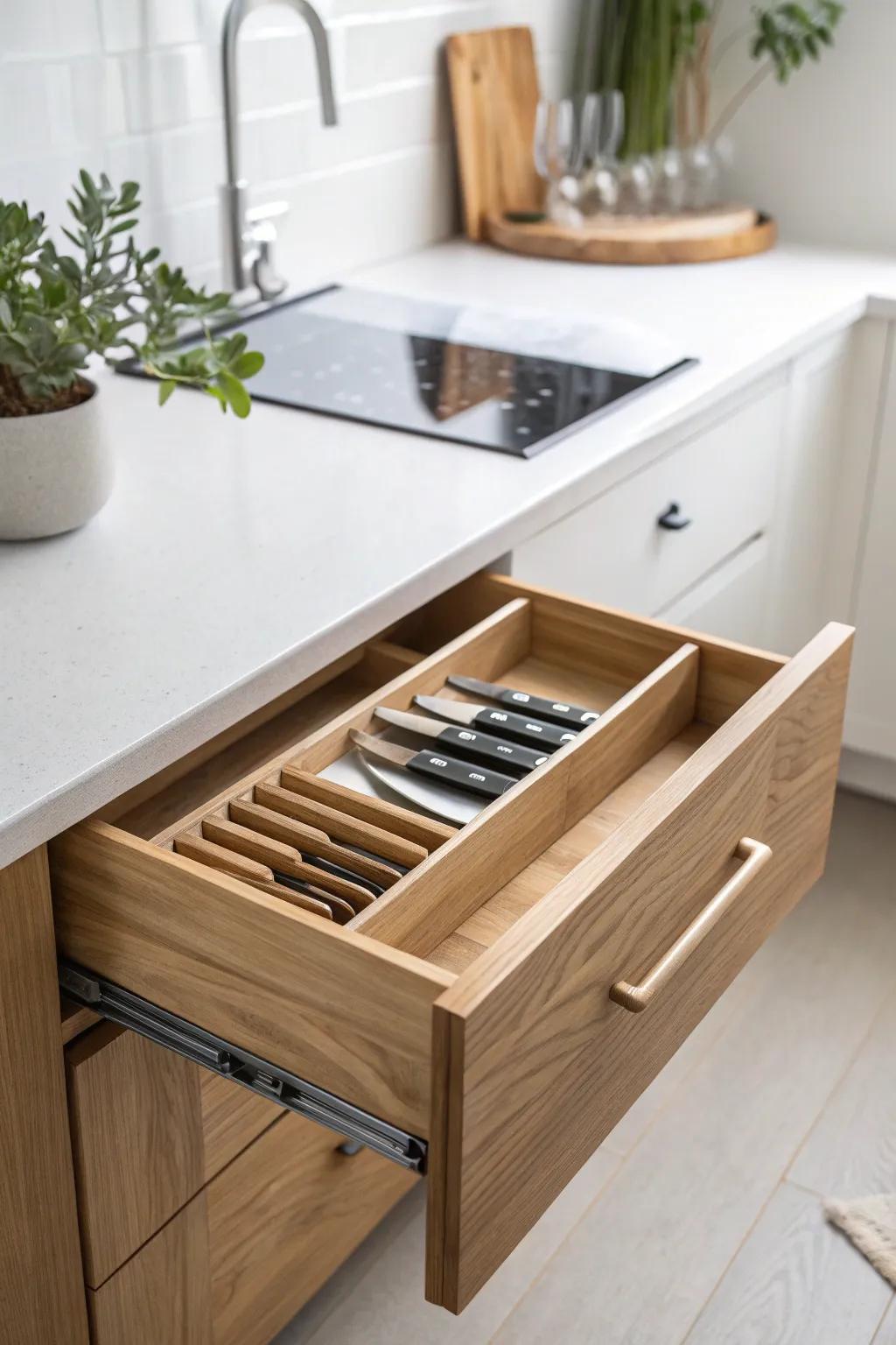 Elevate your kitchen organization with a beautifully crafted knife drawer that combines elegance and functionality.