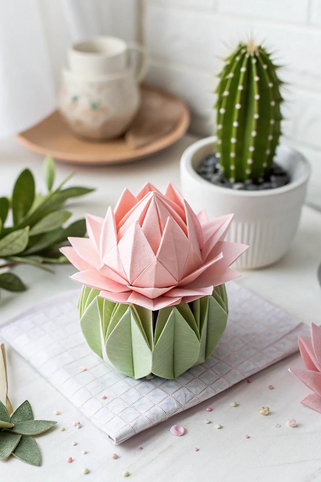 Delicate meets daring: Discover the art of origami with a whimsical cactus flower twist.