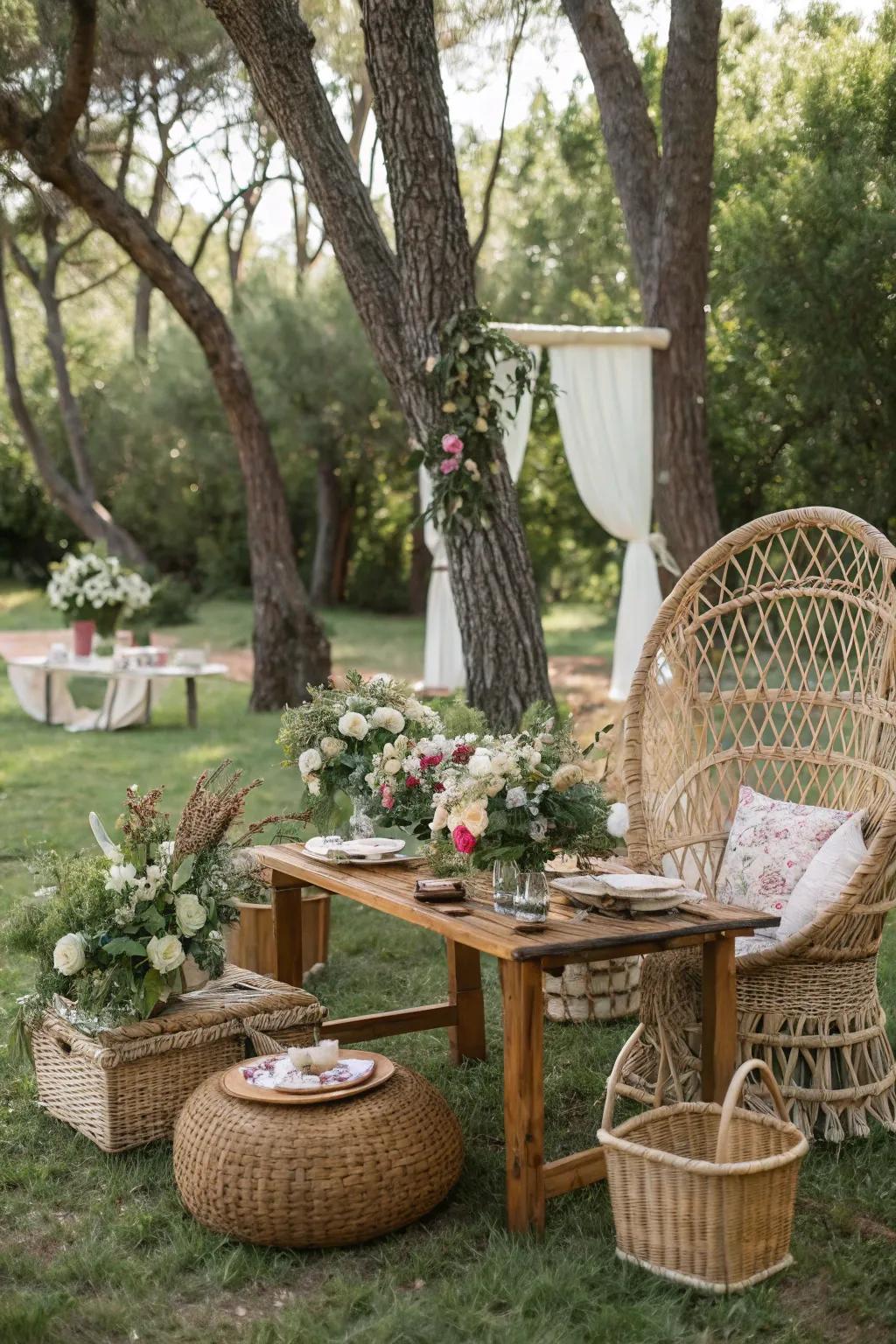 Wicker elements add texture and style to the boho wedding setup.