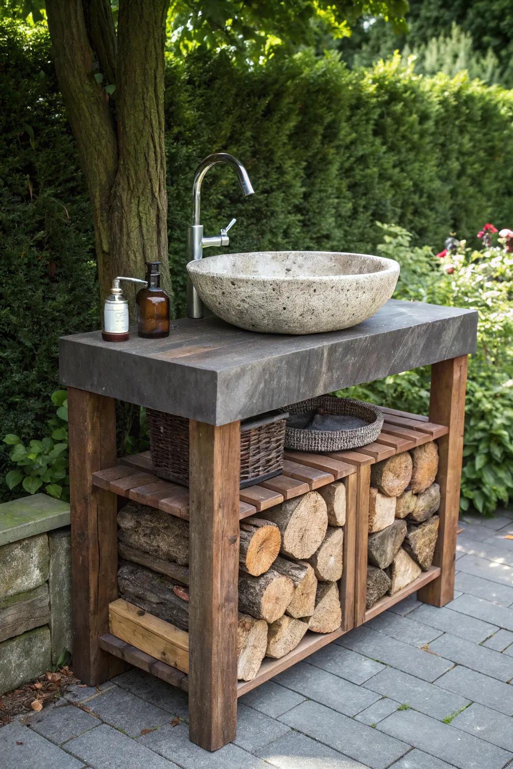 Master the art of outdoor living with this rustic sink design featuring clever firewood storage underneath.