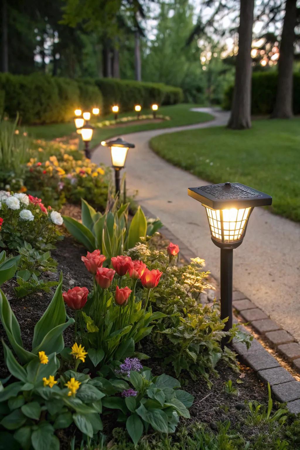Elegant solar stake lights enhance your flower beds.
