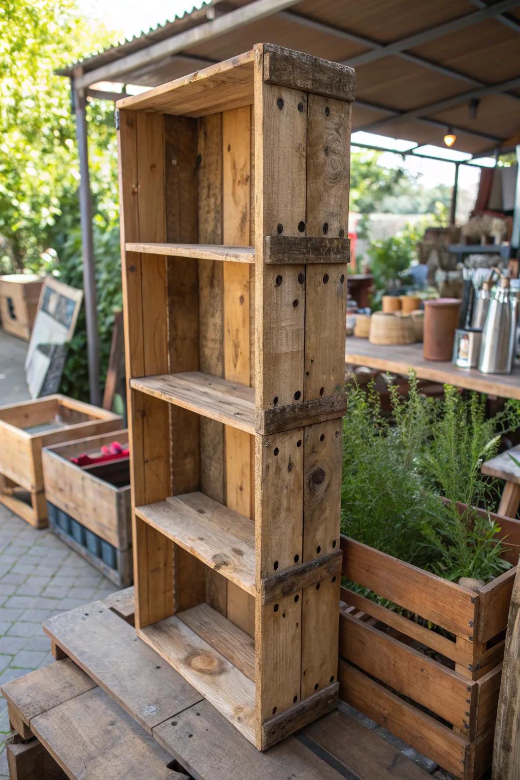 Transform your outdoor workspace with character-rich, upcycled wooden shelves.