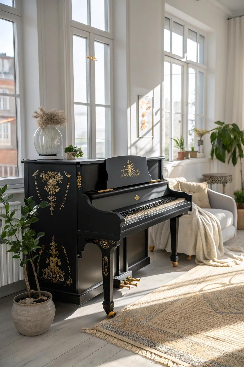 Elevate your space with the timeless elegance of a black piano adorned with gold accents.
