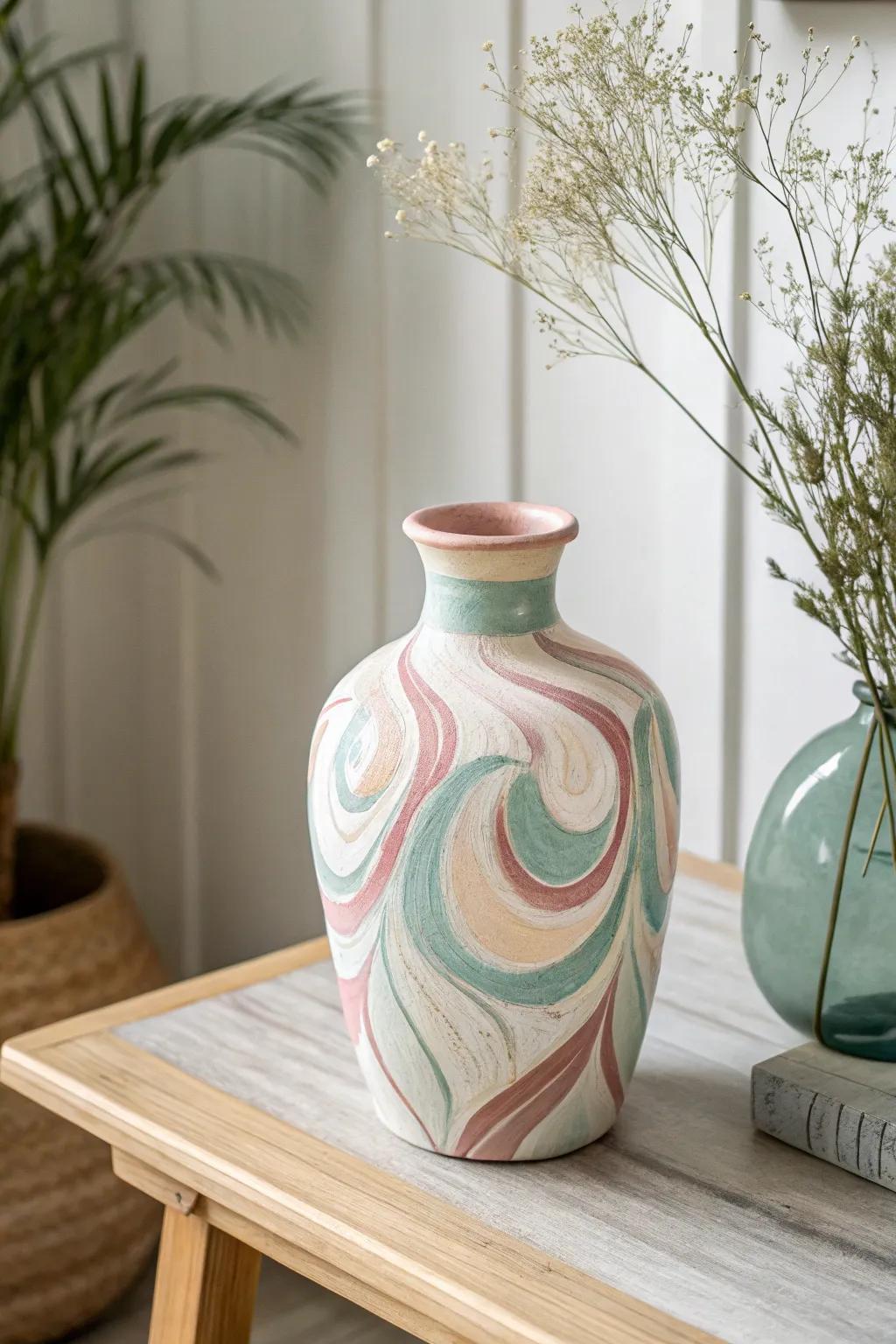 Embrace the elegance of abstract artistry with this handcrafted vase, where subtle hues and intricate patterns meet minimalist charm.