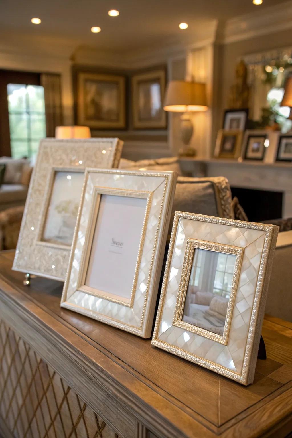 Cherish memories with sophisticated pearlized photo frames.