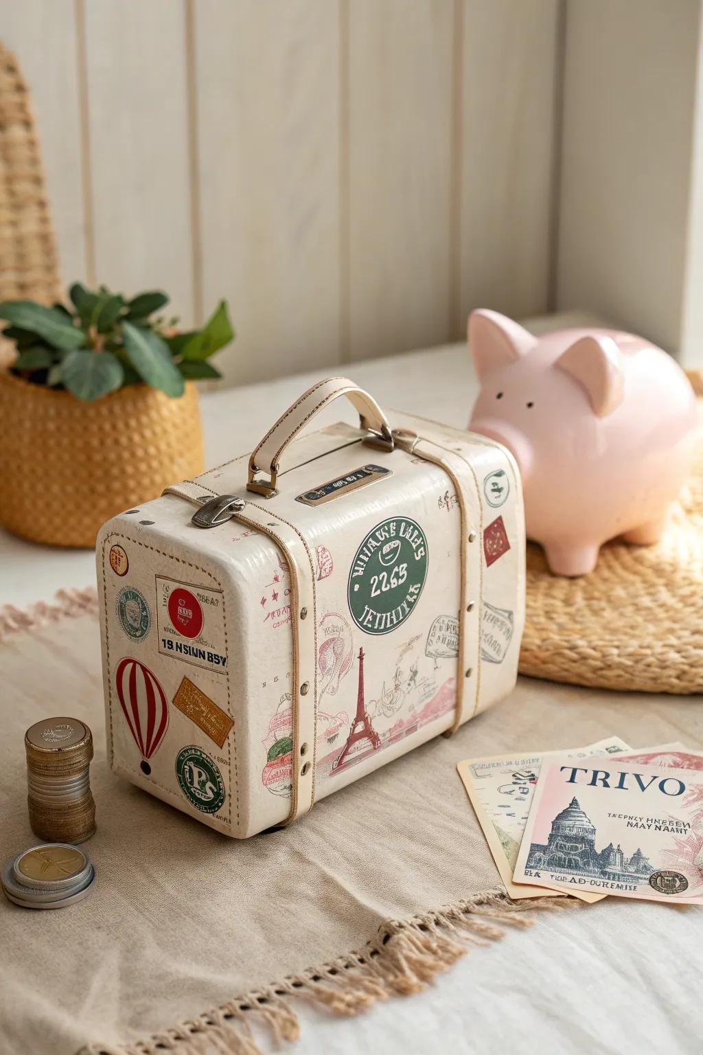 Save in style for your next adventure with this charming vintage suitcase piggy bank.