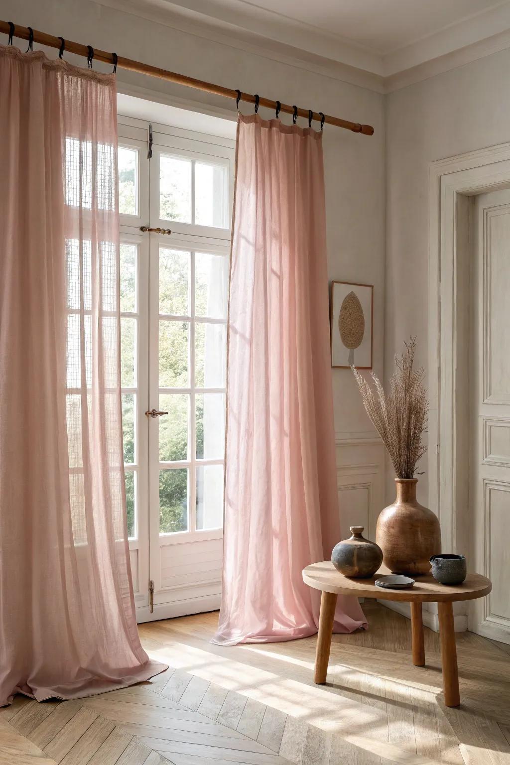 Soft, pink drapes transform the light, adding a touch of elegance to your craft sanctuary.
