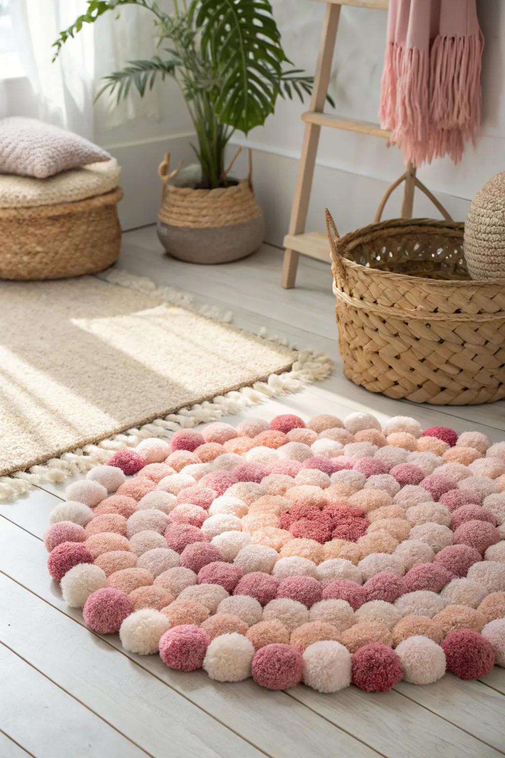 Embrace cozy elegance with this charming pink pom-pom rug, perfect for adding a touch of handcrafted beauty to your minimalist space.