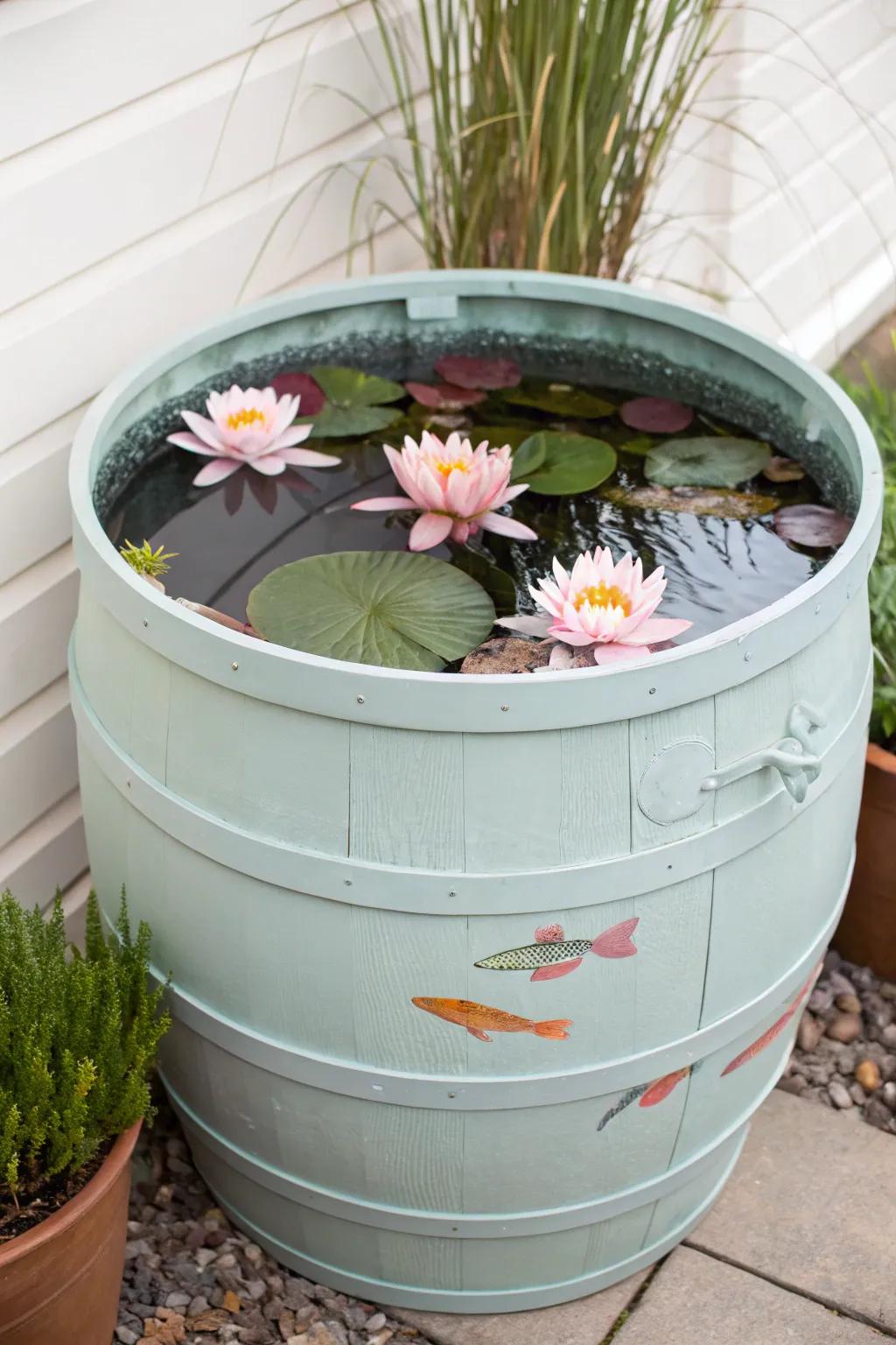 Transform your garden into a peaceful escape with a chic water garden in a pastel barrel planter. 🌿✨