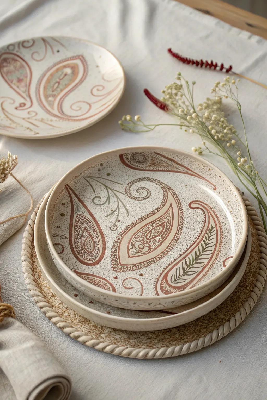 Add a touch of exotic elegance to your dining table with intricately designed paisley plates. #CraftedBeauty #MinimalistCharm