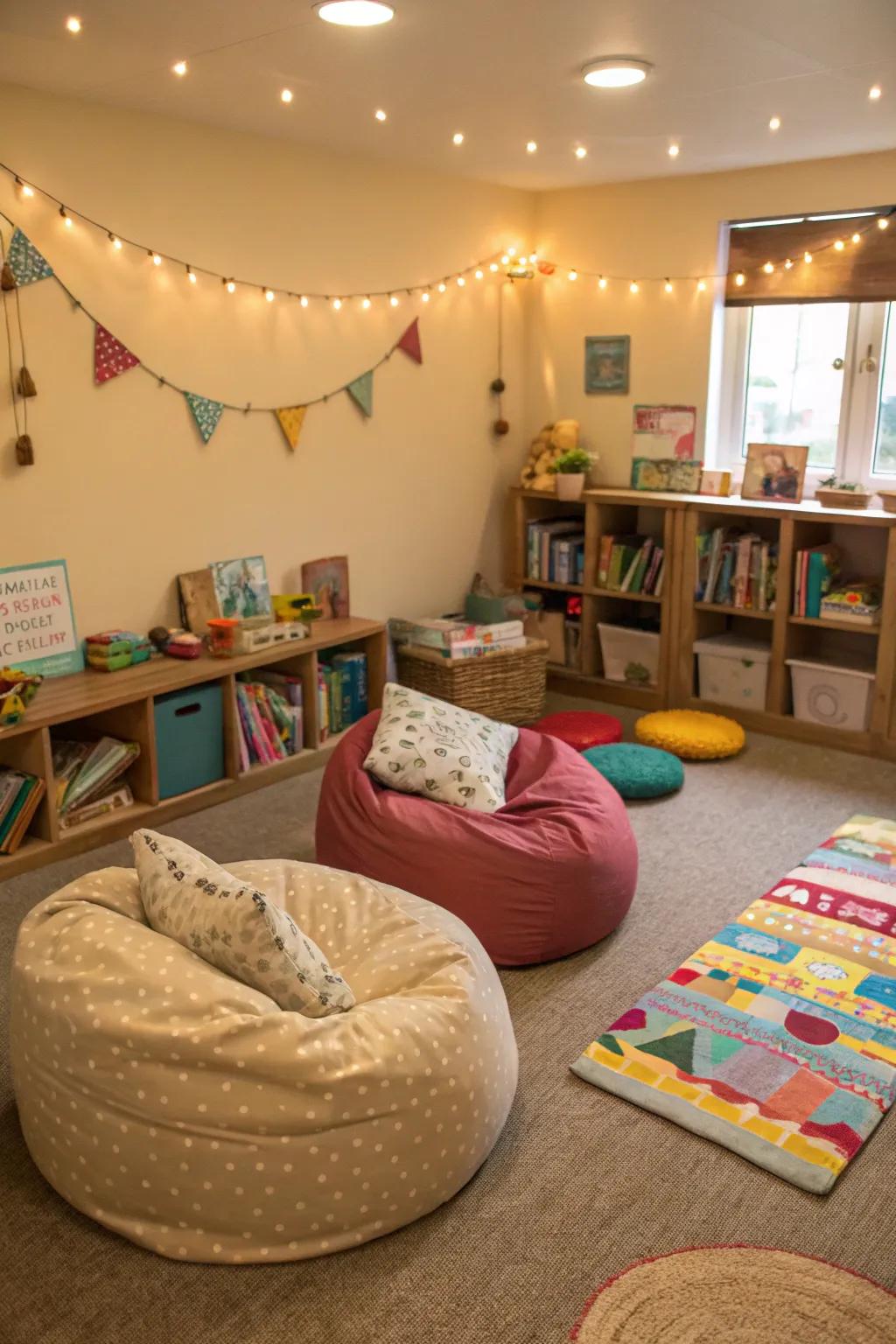 Cozy seating enhances comfort for play and study.