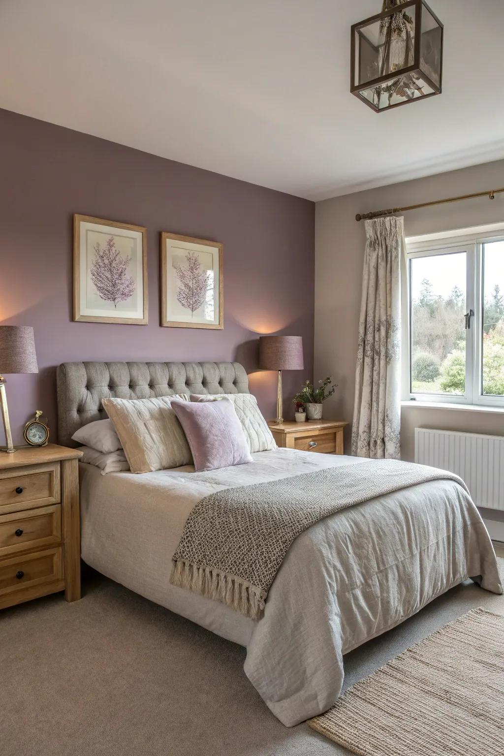 Neutral tones harmonize with plum for a tranquil space.