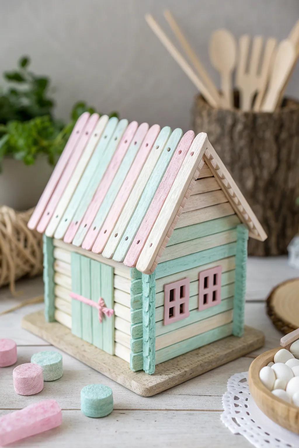 Bring a pop of color to your space with this charming pastel popsicle stick house!